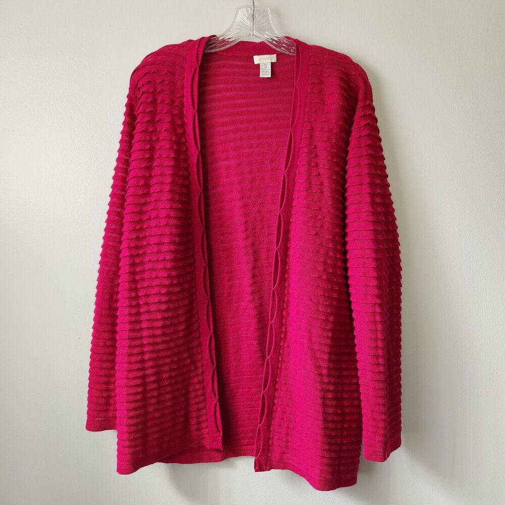 Chico's Cardigan Women's 3 Deep Plum Wool Blend Ribbed Knit Open Front Sweater
